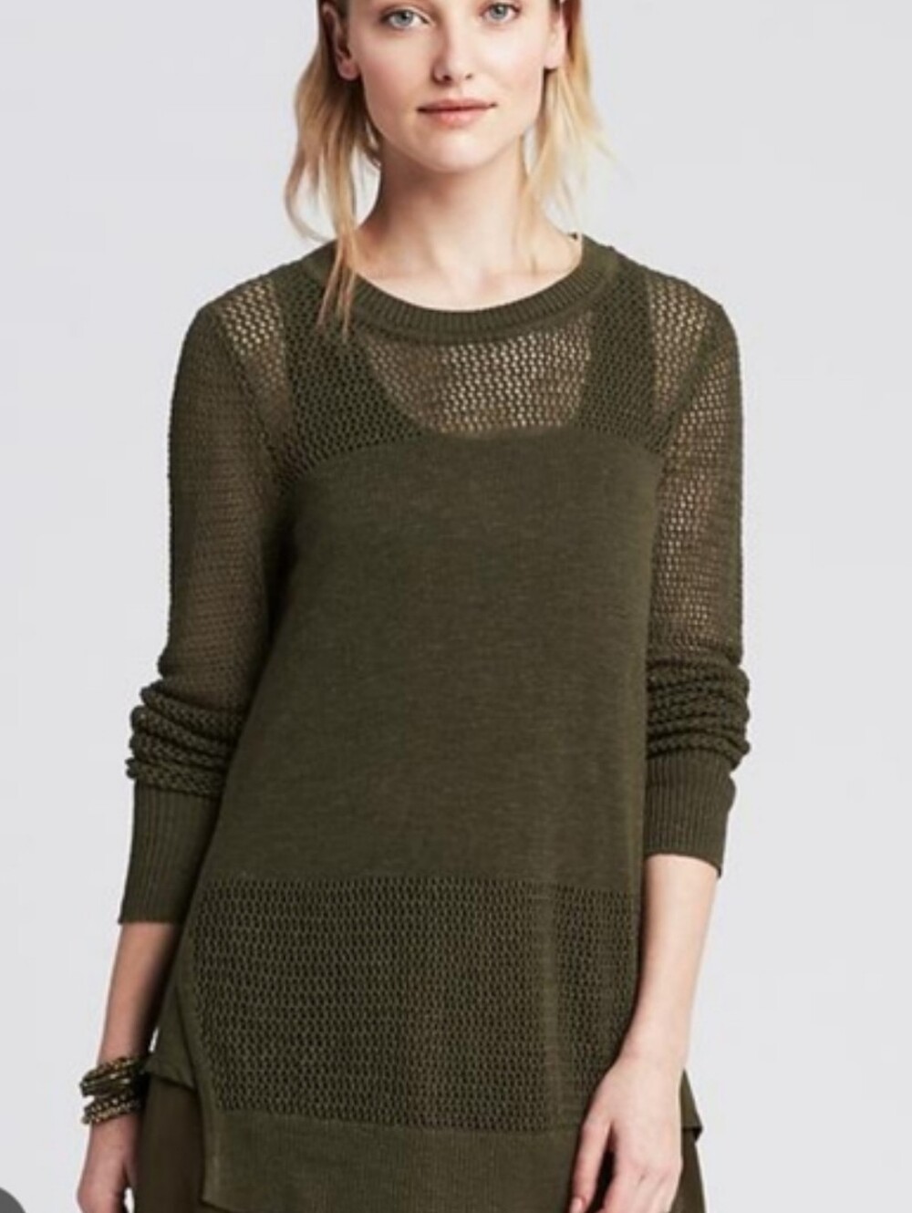 Banana Republic Split Side Long Open Weave Knit Sweater In Seaweed M
